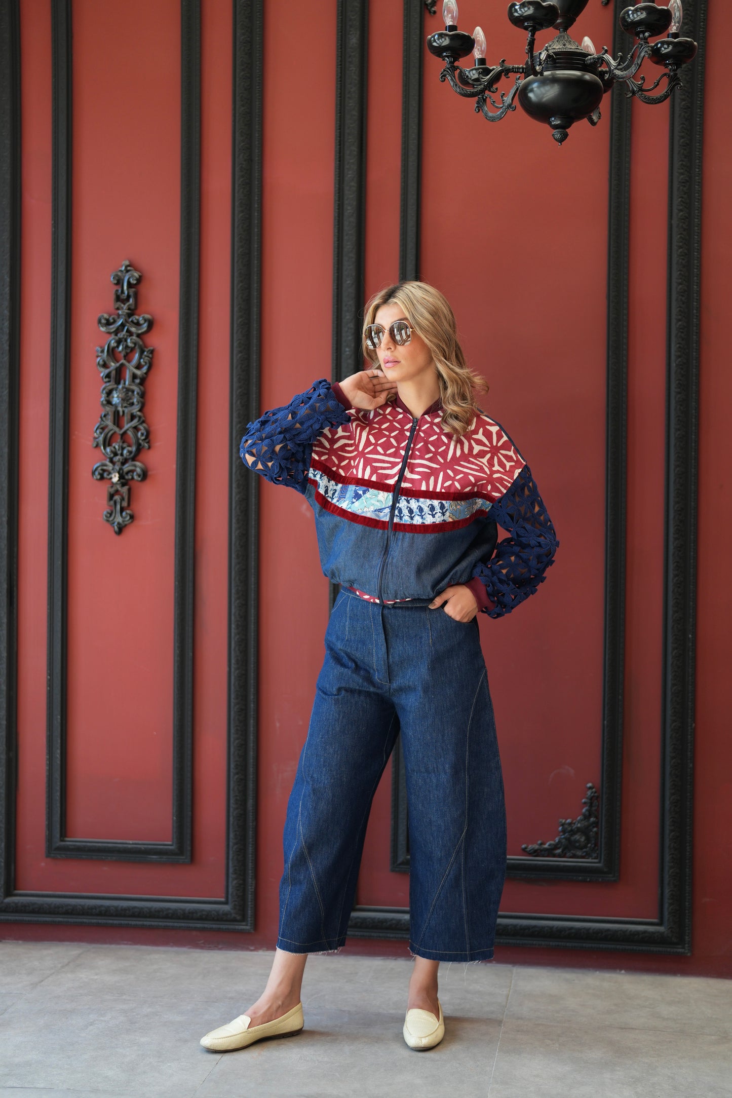 Denim Jacket with Cutout Sleeves and Patterned Panels