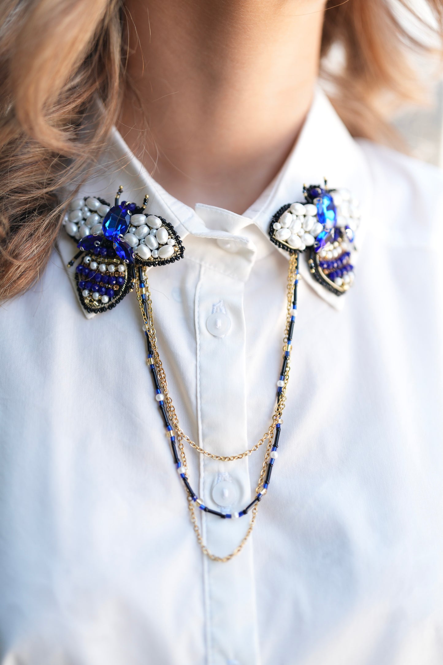 Handmade White Oversized Shirt Dress with Embellished Collar and Gold Bead Cuffs