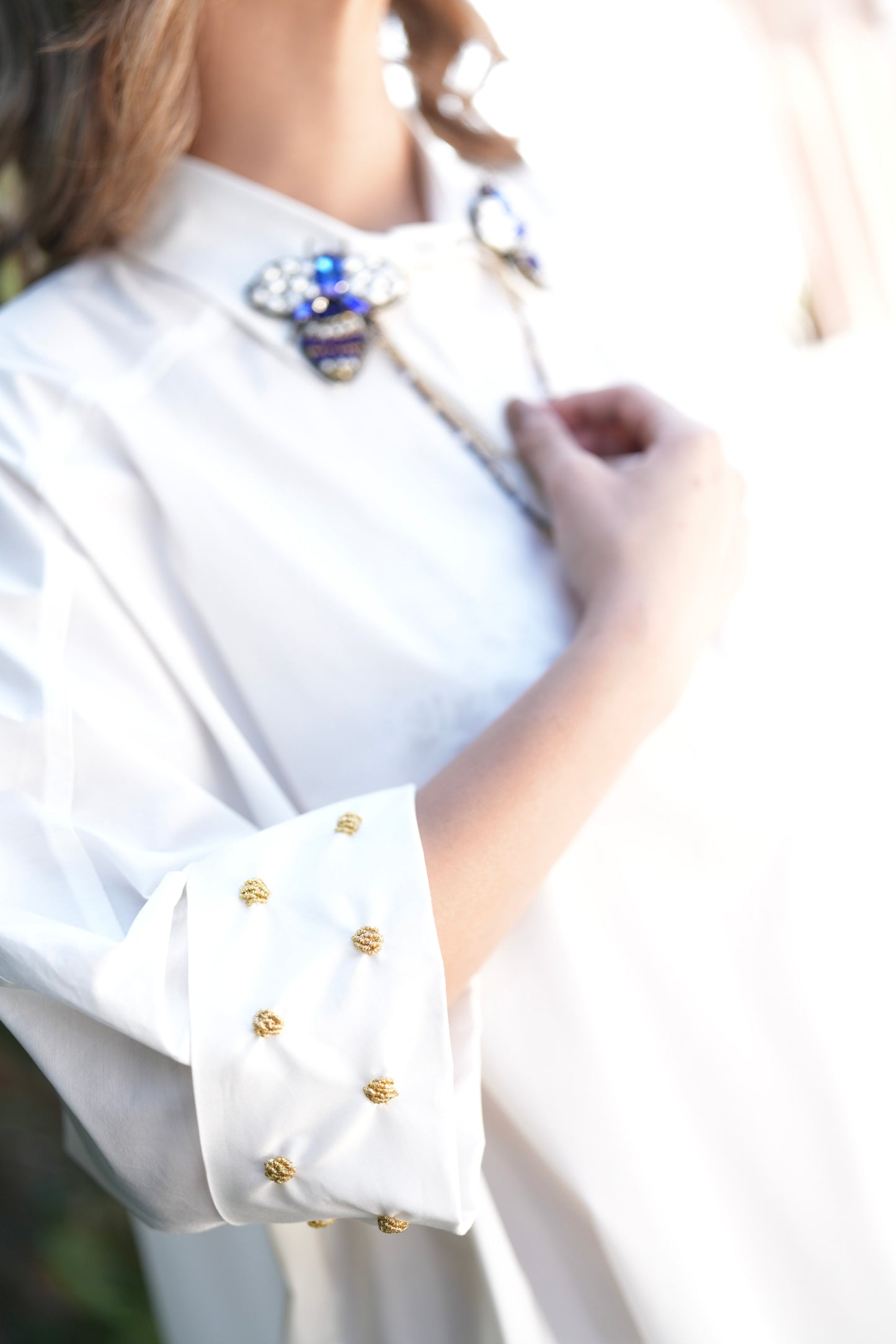 Handmade White Oversized Shirt Dress with Embellished Collar and Gold Bead Cuffs