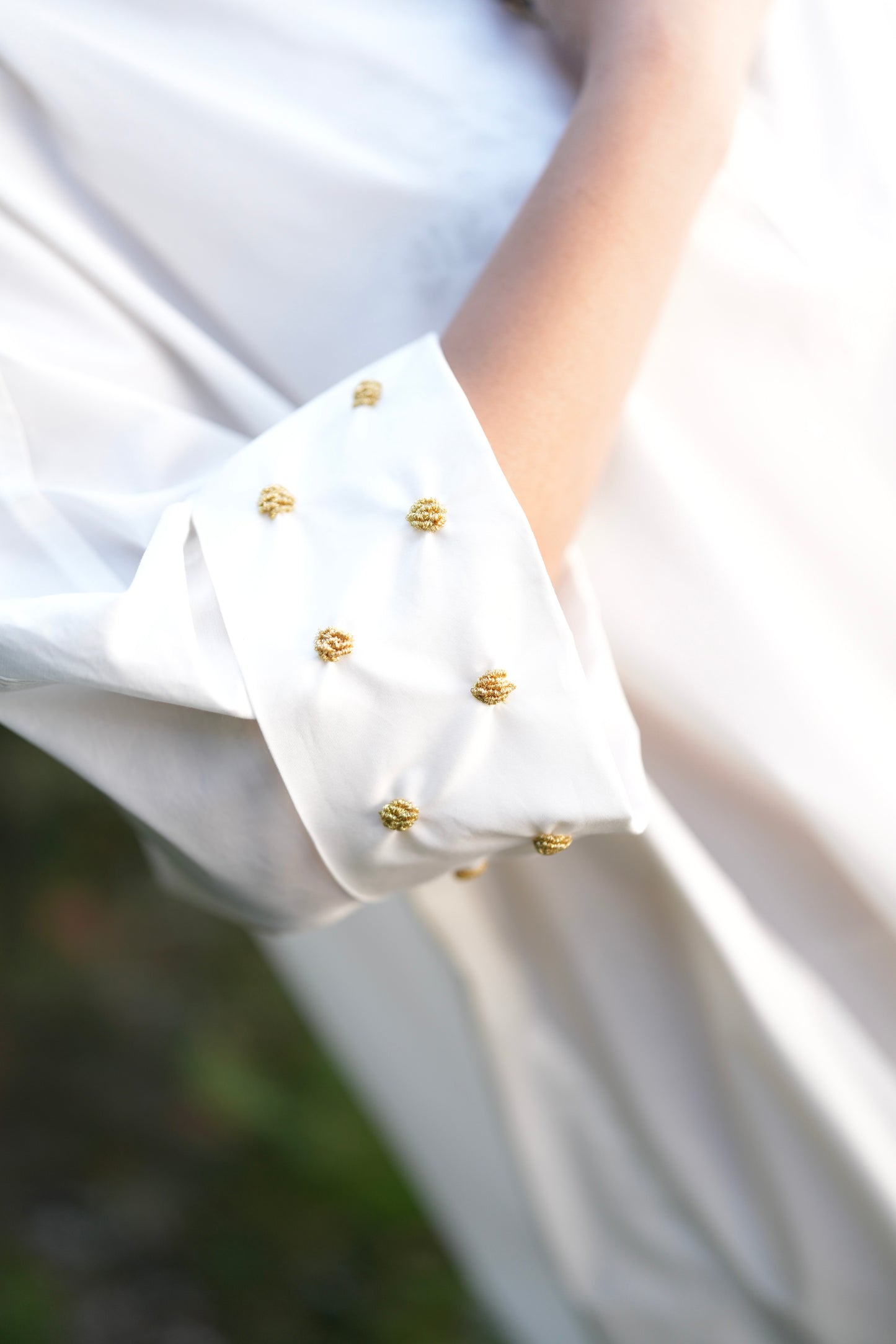 Handmade White Oversized Shirt Dress with Embellished Collar and Gold Bead Cuffs