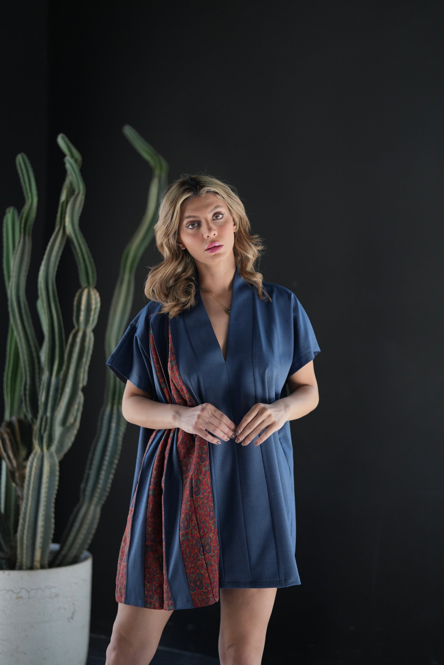 Navy Kimono Dress with Red Pattern Panel