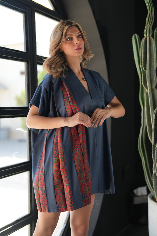 Navy Kimono Dress with Red Pattern Panel