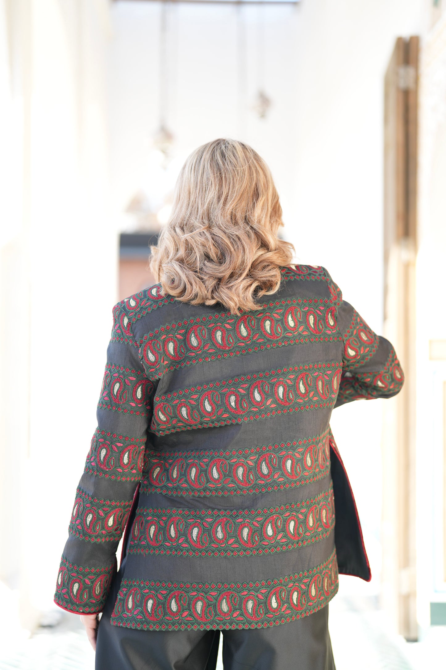 Black Embroidered Jacket with Red and Green Details