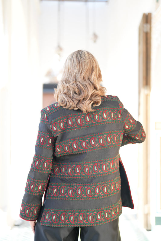 Black Embroidered Jacket with Red and Green Details