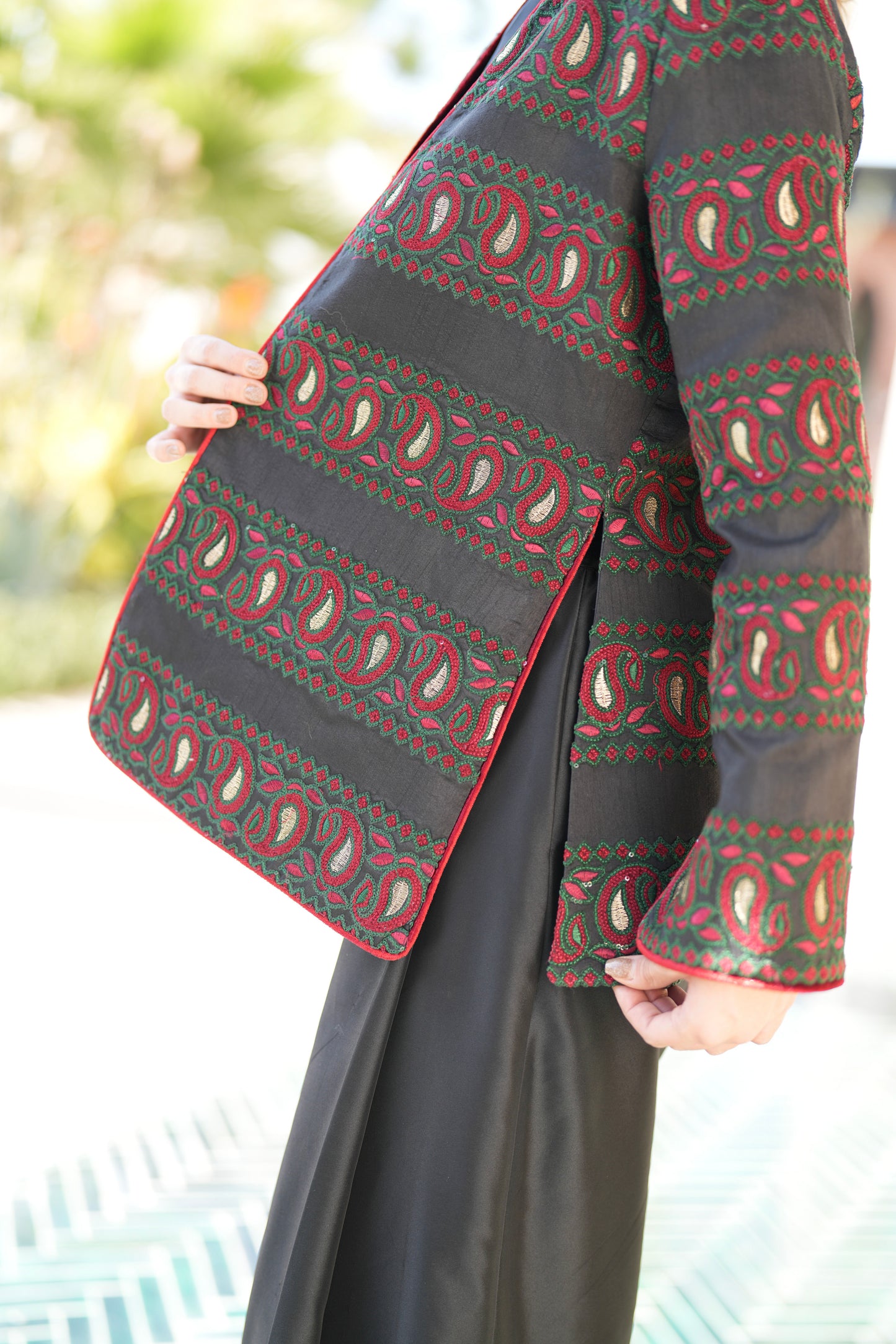Black Embroidered Jacket with Red and Green Details