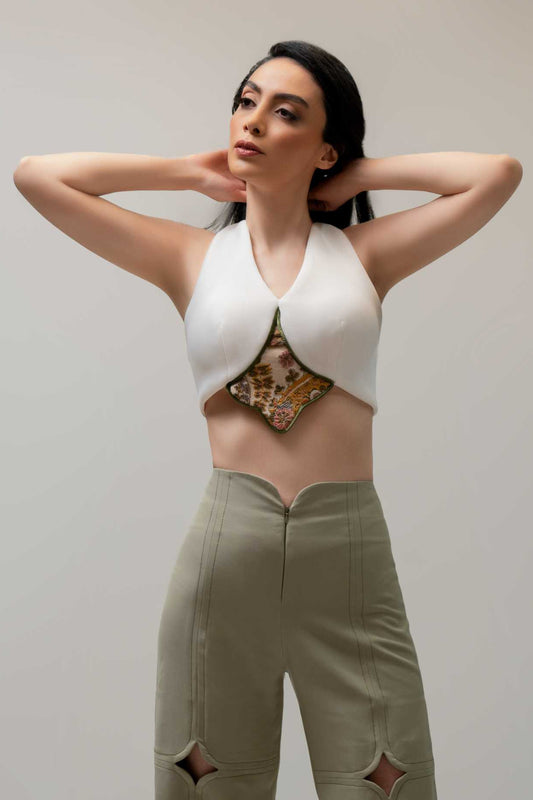 White Embroidered Bow-Back Top