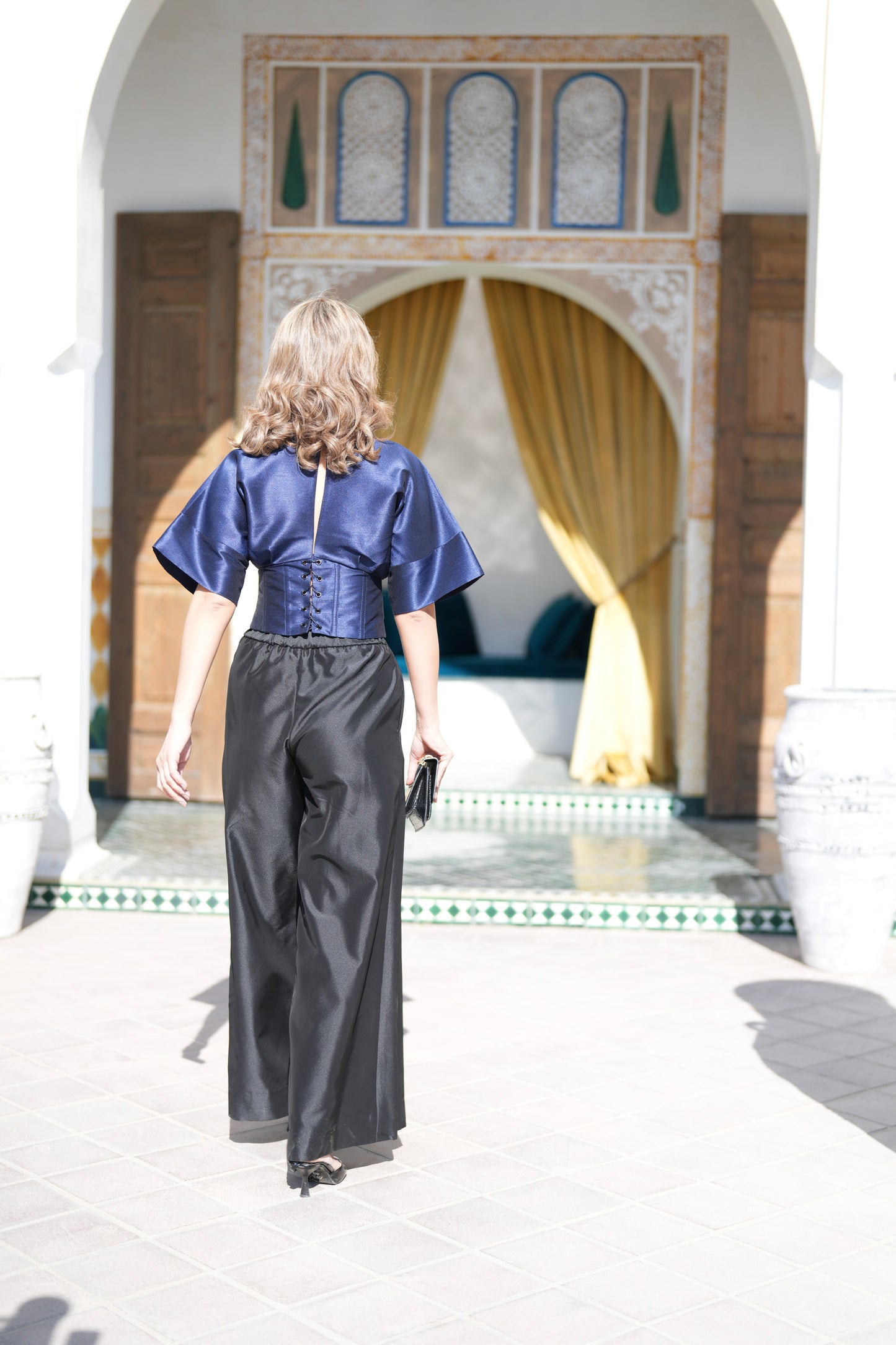 Blue Structured V-Neck Top with Corset Waist