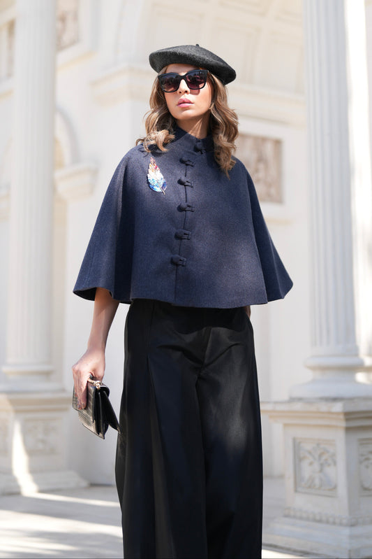 Navy Wool Poncho with Beaded Feather Detail