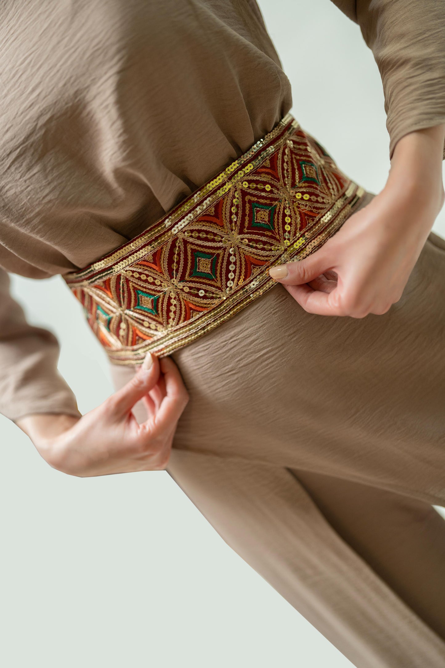 Beige Wide-Leg Jumpsuit with Embroidered Waist Belt