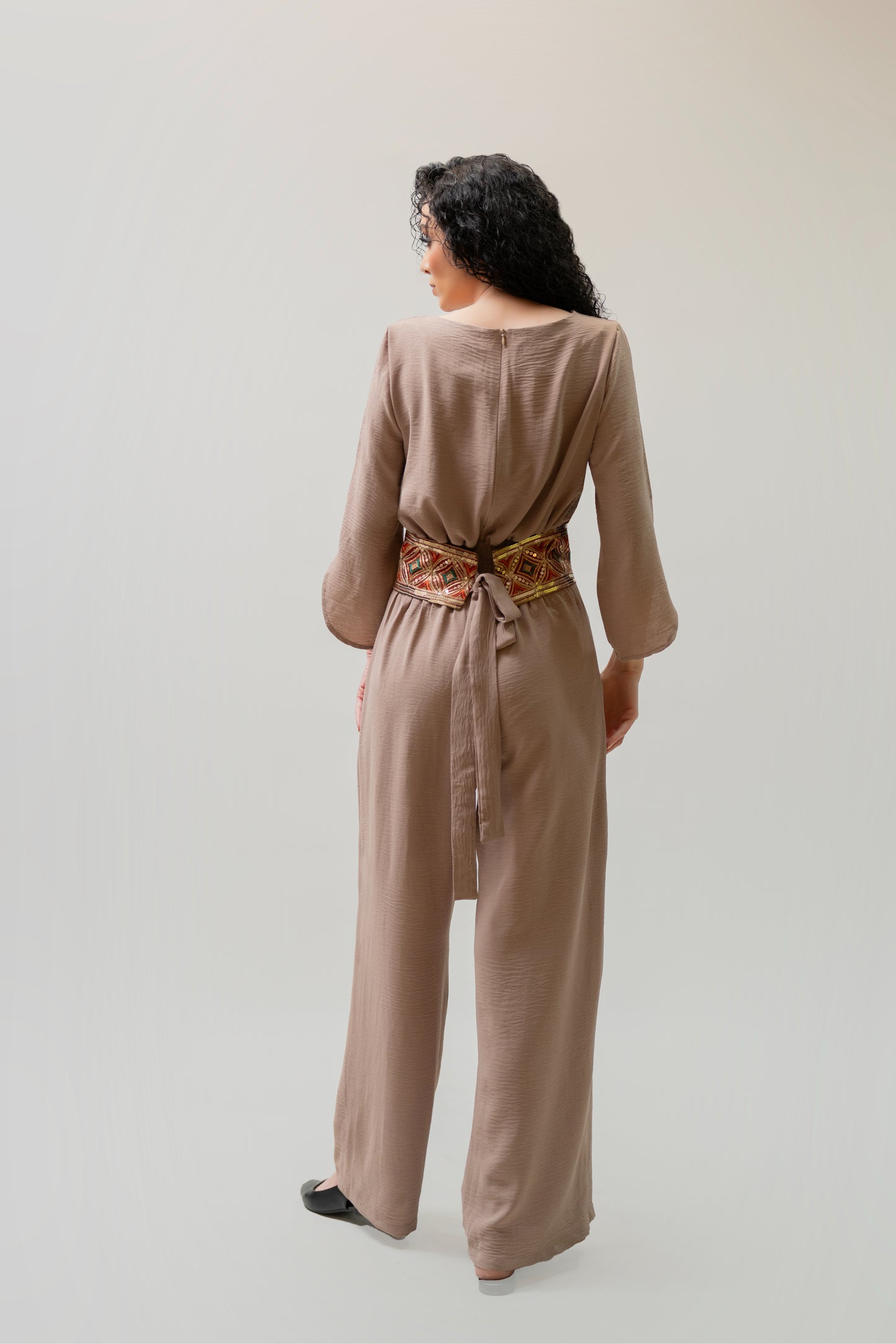 Beige Wide-Leg Jumpsuit with Embroidered Waist Belt