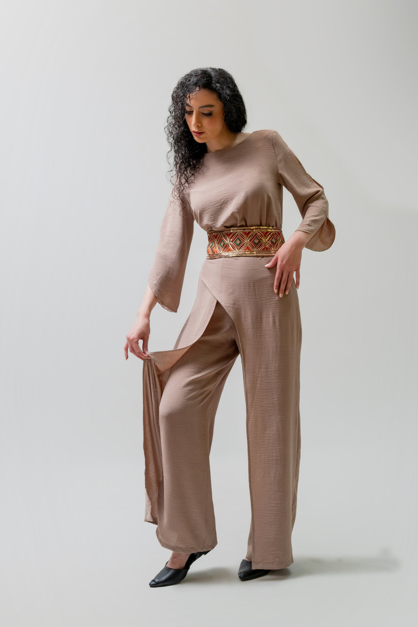 Beige Wide-Leg Jumpsuit with Embroidered Waist Belt