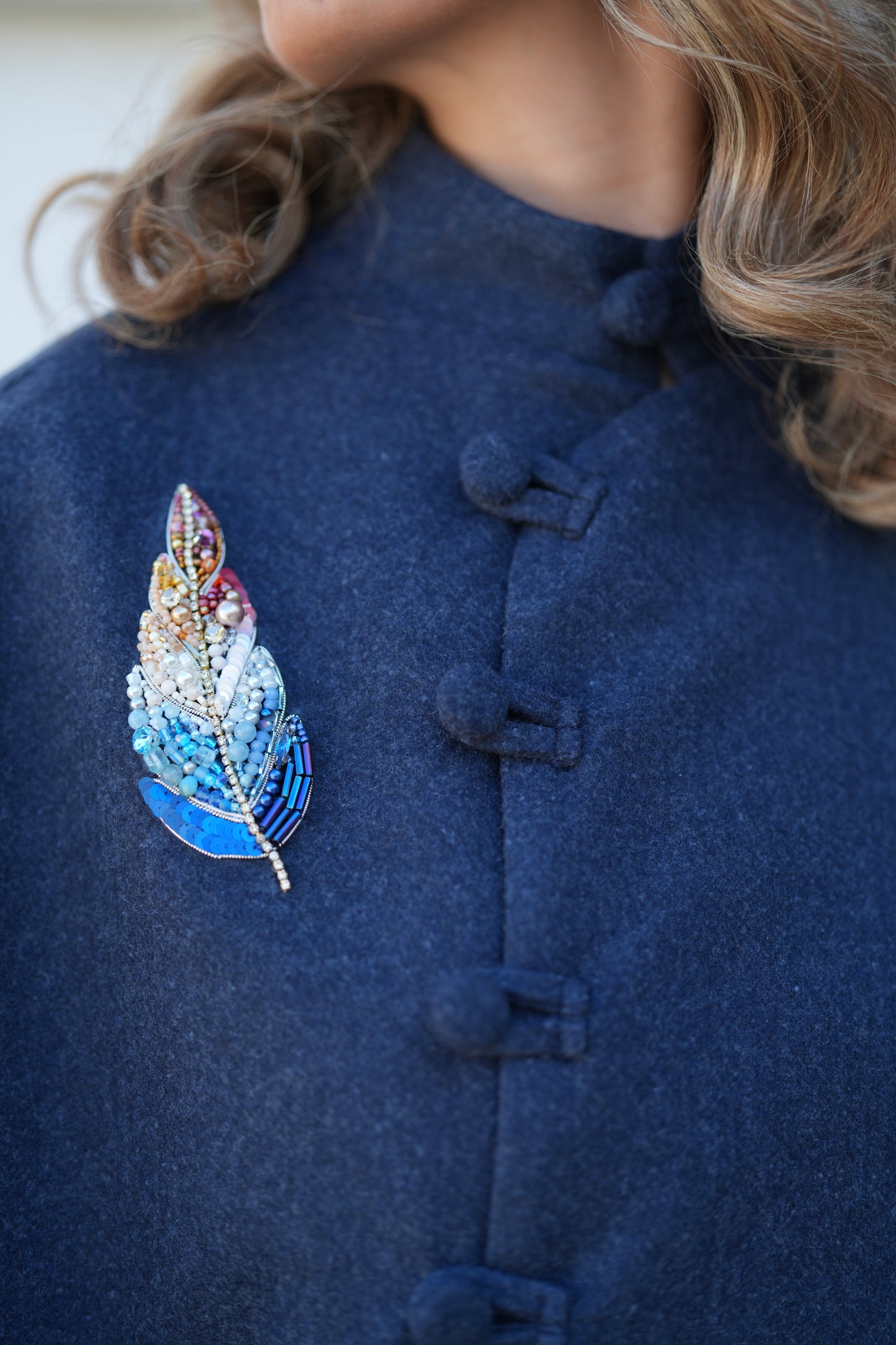 Navy Wool Poncho with Beaded Feather Detail