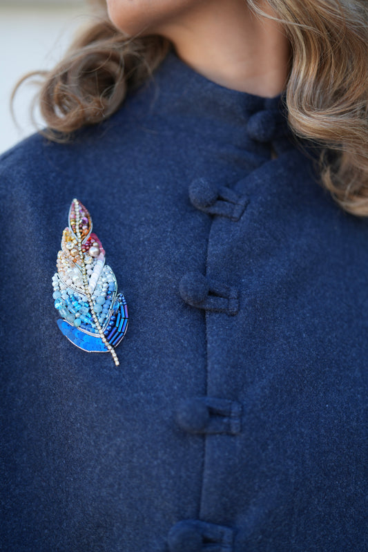 Navy Wool Poncho with Beaded Feather Detail