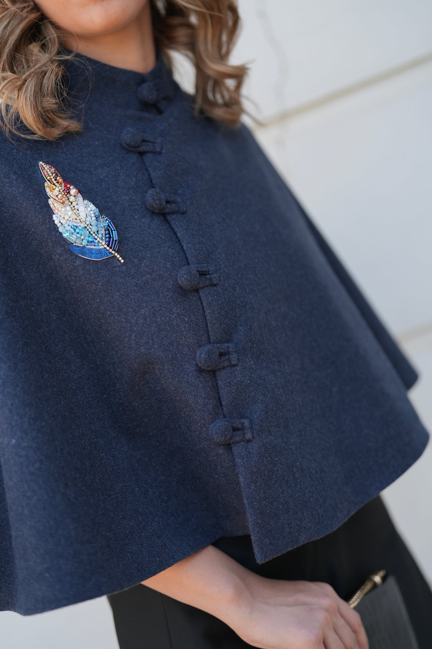 Navy Wool Poncho with Beaded Feather Detail