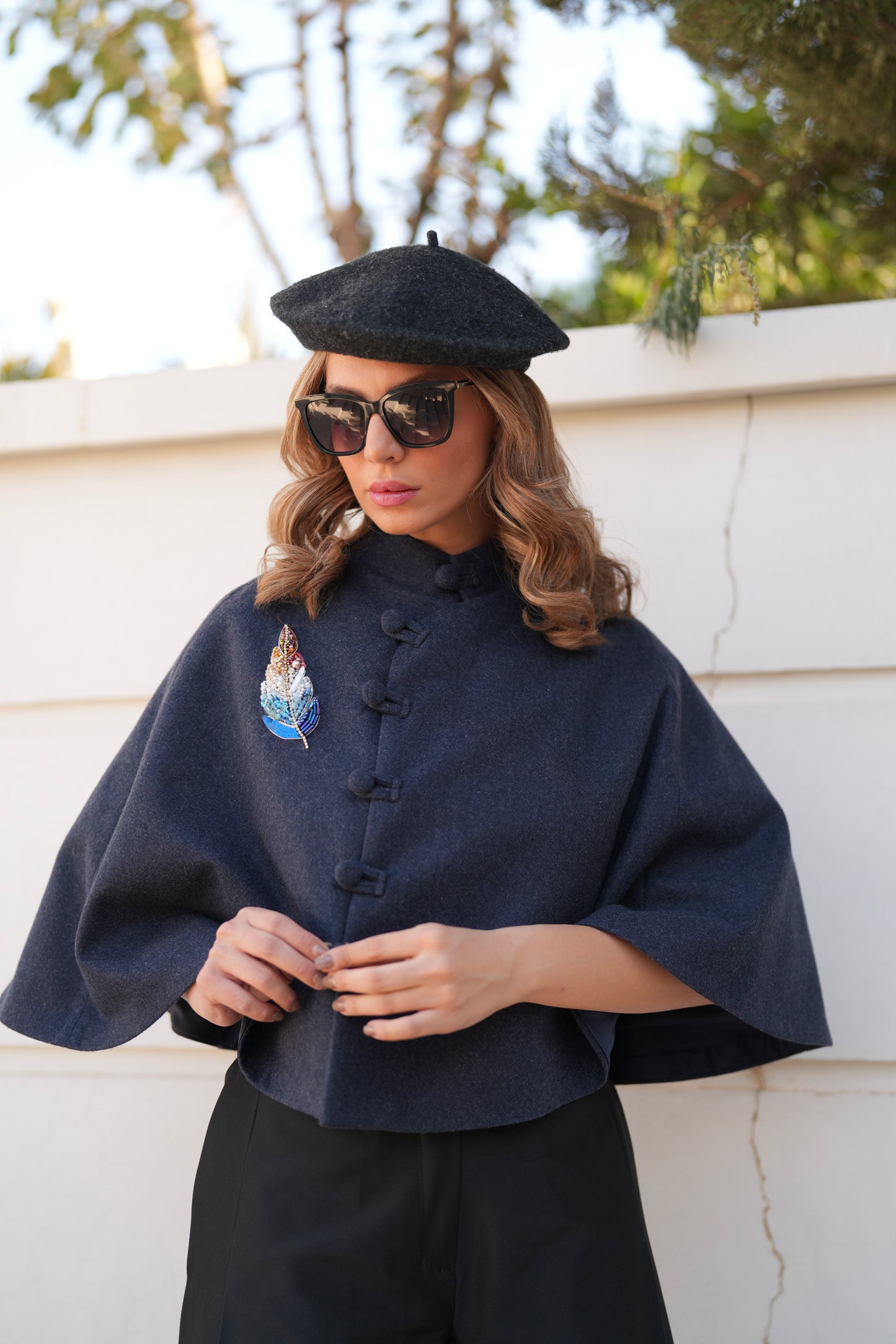 Navy Wool Poncho with Beaded Feather Detail