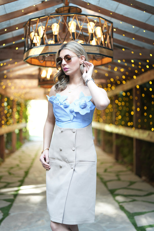 Beige Convertible Dress with Floral Blue Corset Top