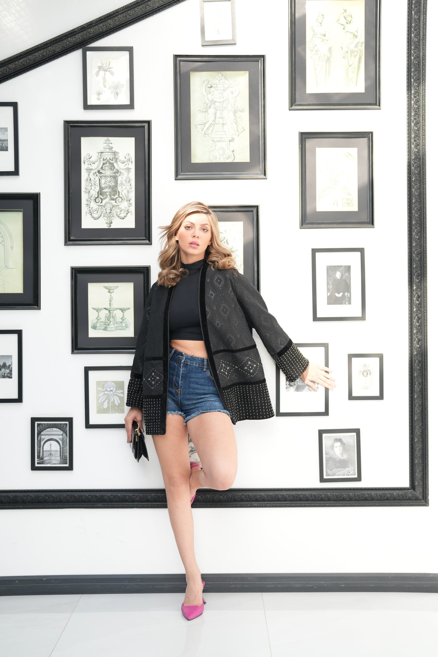 Black Textured Jacket with Hand-Stitched Details