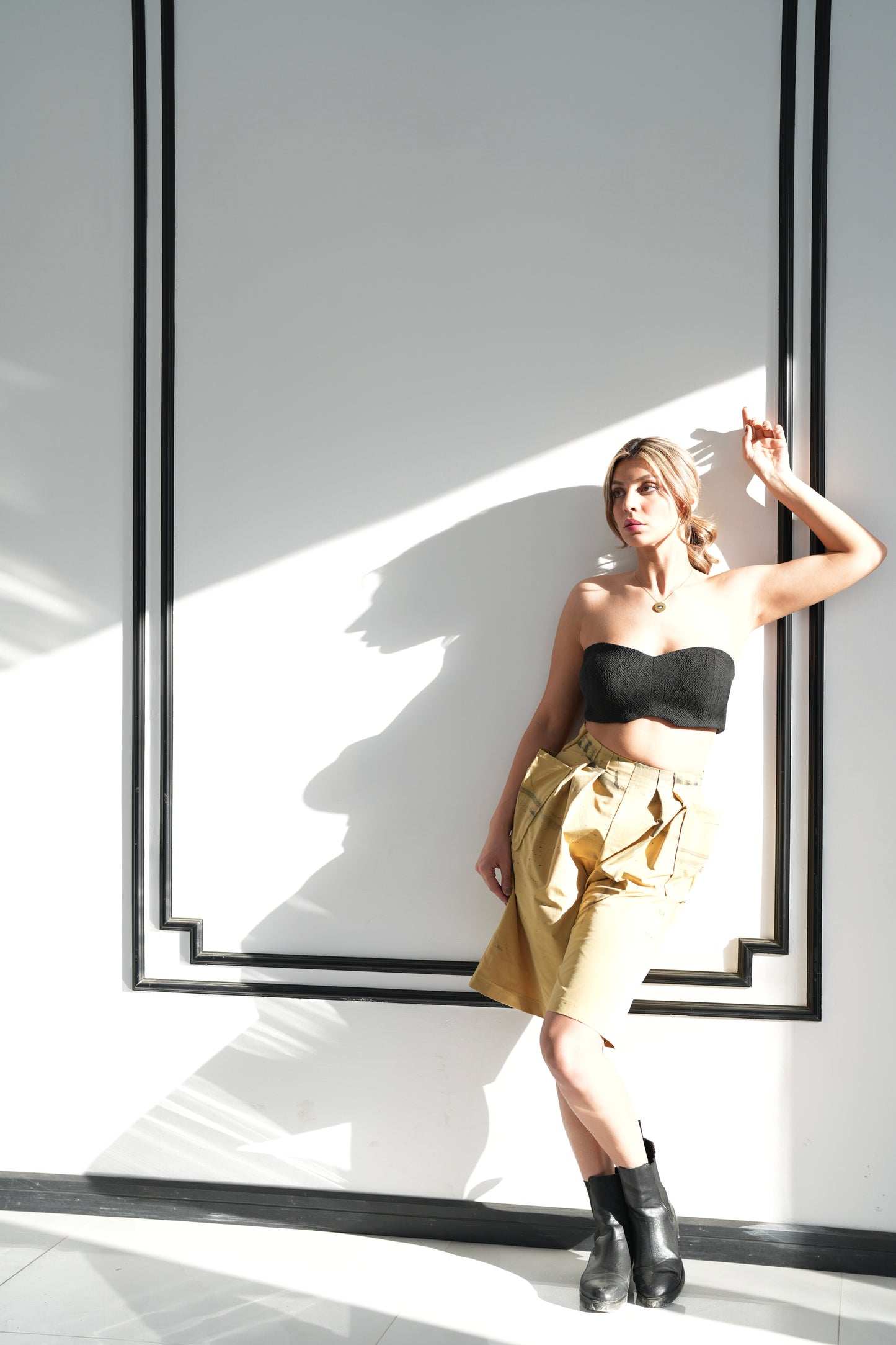 Hand-Painted Mustard Pleated Shorts