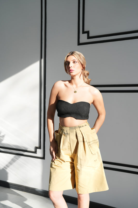 Hand-Painted Mustard Pleated Shorts