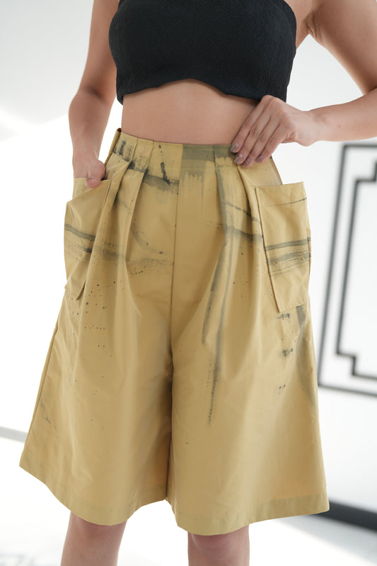 Hand-Painted Mustard Pleated Shorts