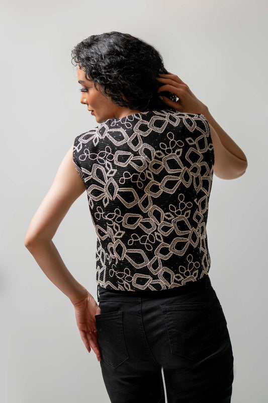 Black Embroidered Button-Up Vest