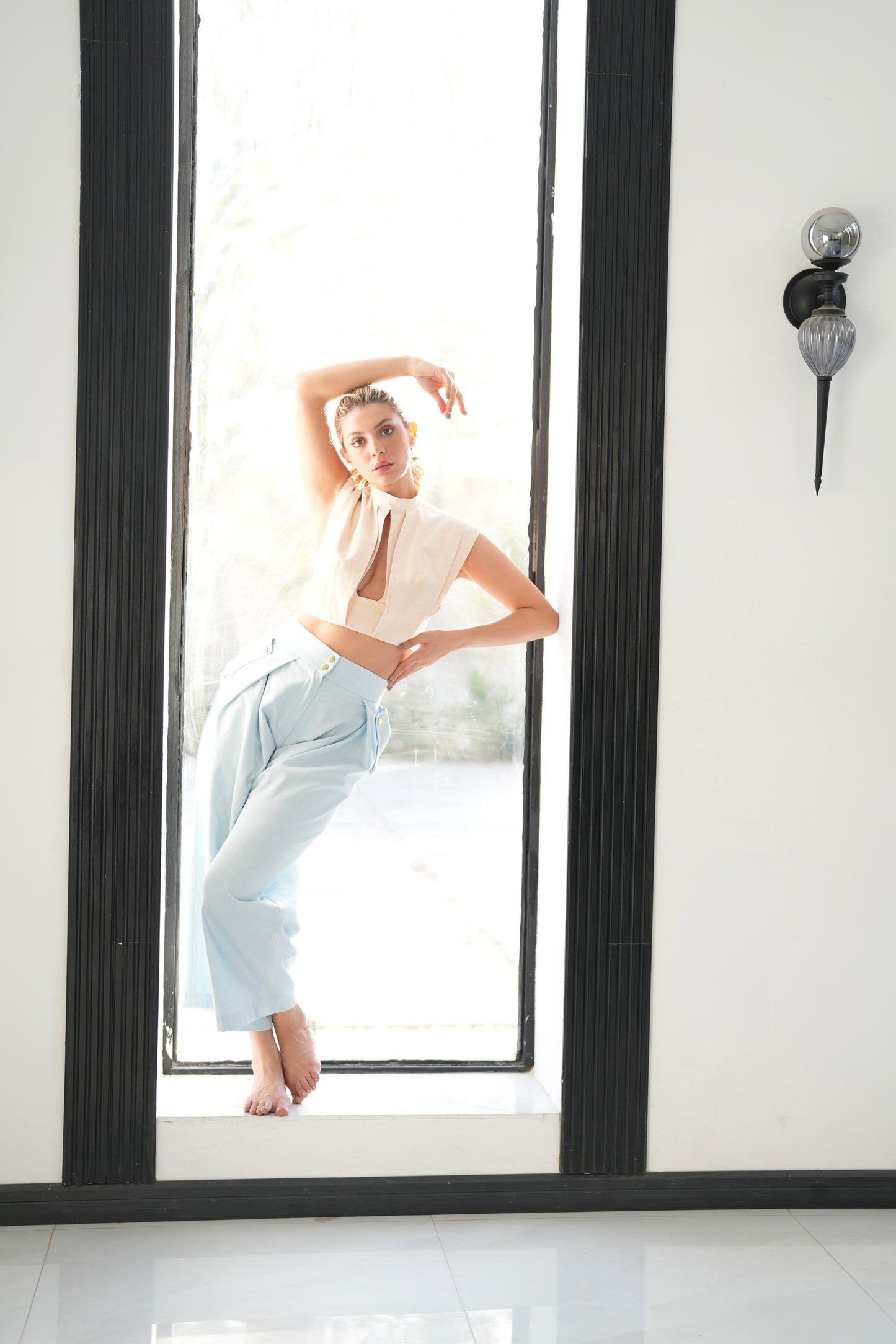 Beige Structured Open-Front Crop Top