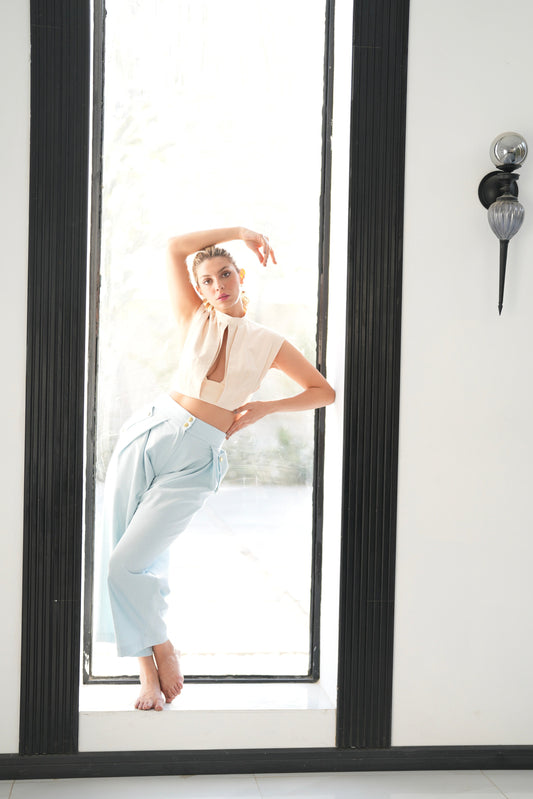 Light Blue Pleated Pants with Gold Buttons