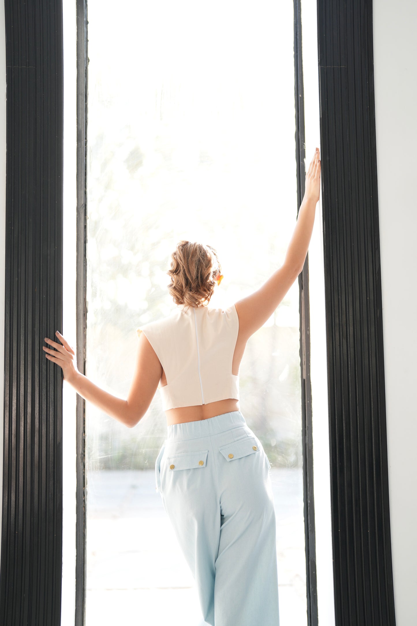 Beige Structured Open-Front Crop Top