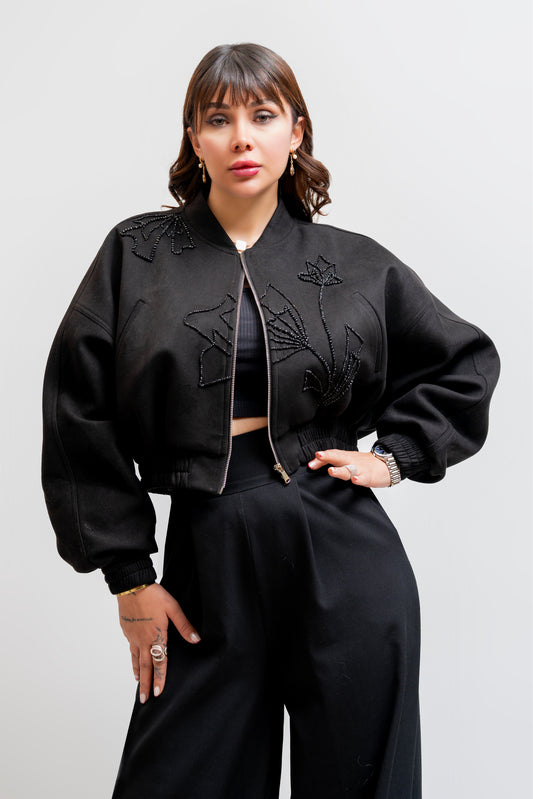 Black Cropped Beaded Floral Jacket