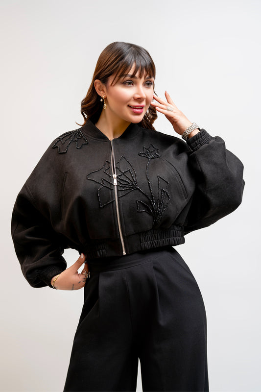 Black Cropped Beaded Floral Jacket