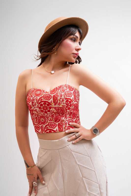 Red Floral Embroidered Corset Top