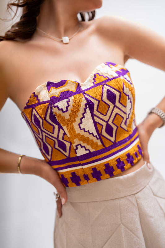 Handmade Orange & Purple Embroidered Strapless Top