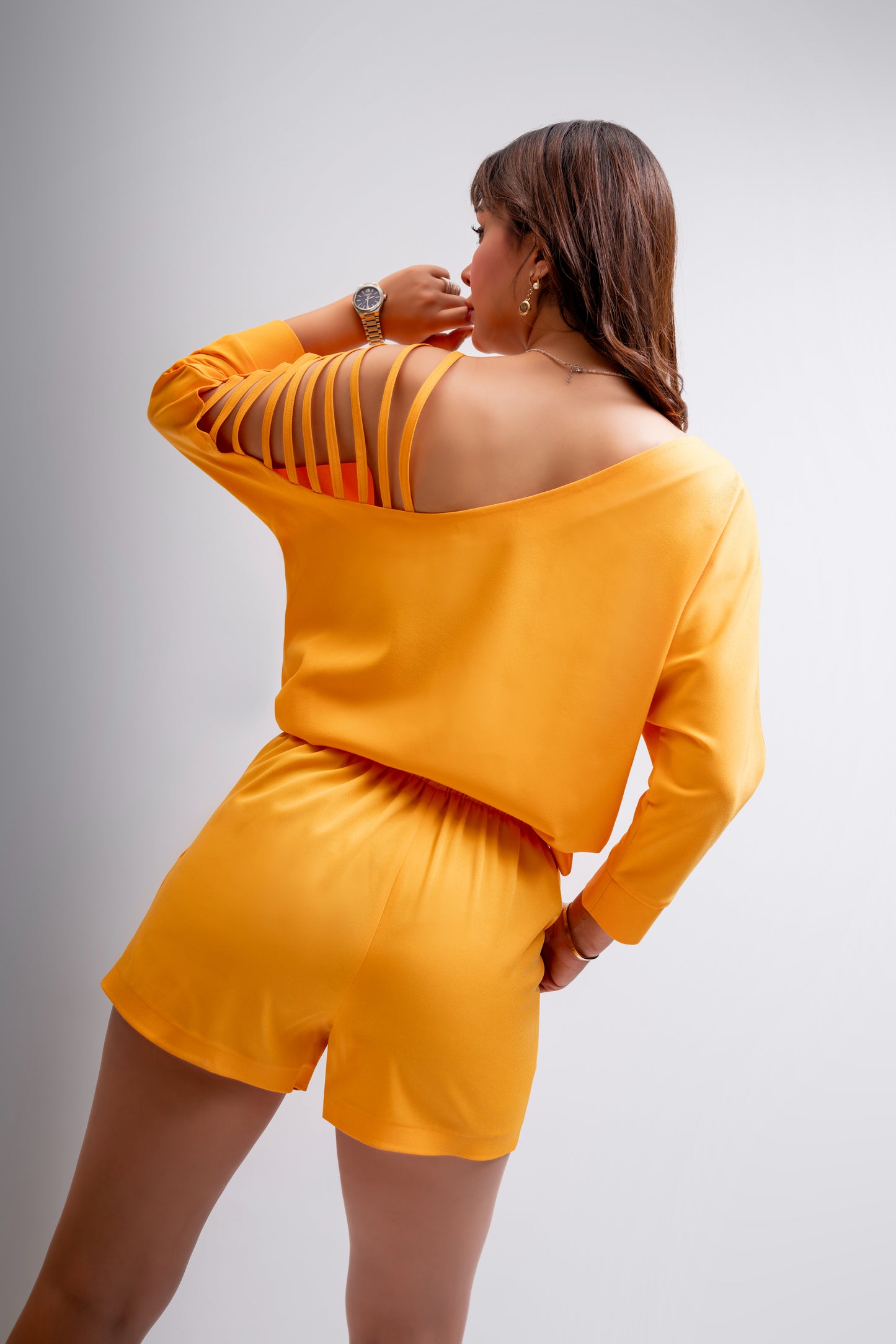 Sunny Orange Shoulder-Cut Top & High-Waist Shorts Set