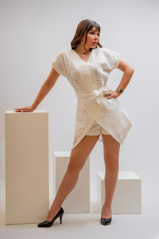 White Embroidered Wrap Mini Dress