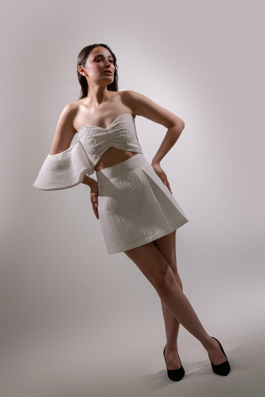 White One-Sleeve Top & Skirt Set