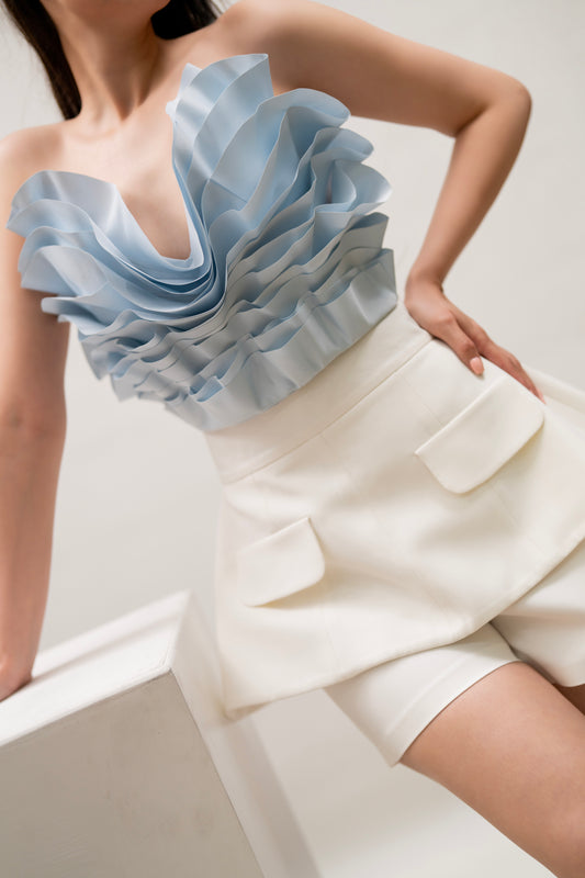 Blue Sculpted Ruffle Strapless Top