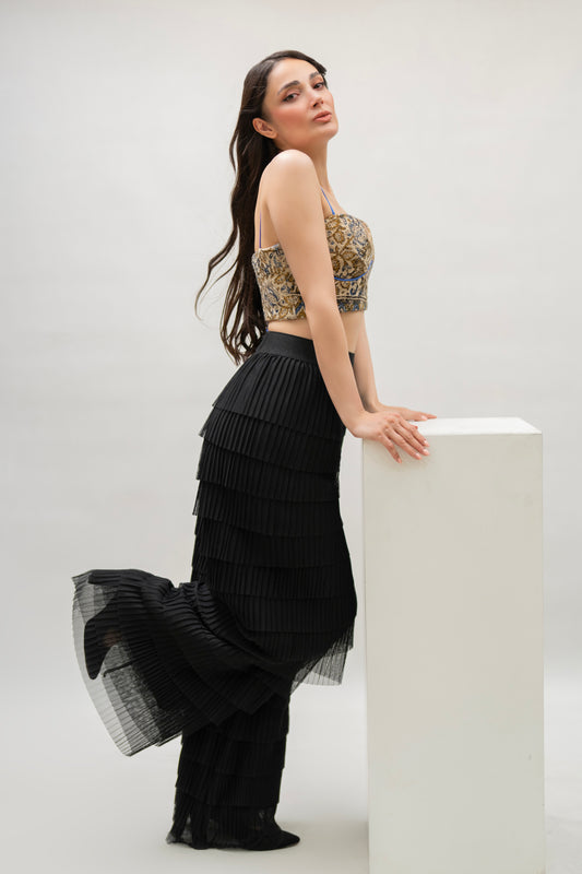 Black Tiered Pleated Wide-Leg Pants