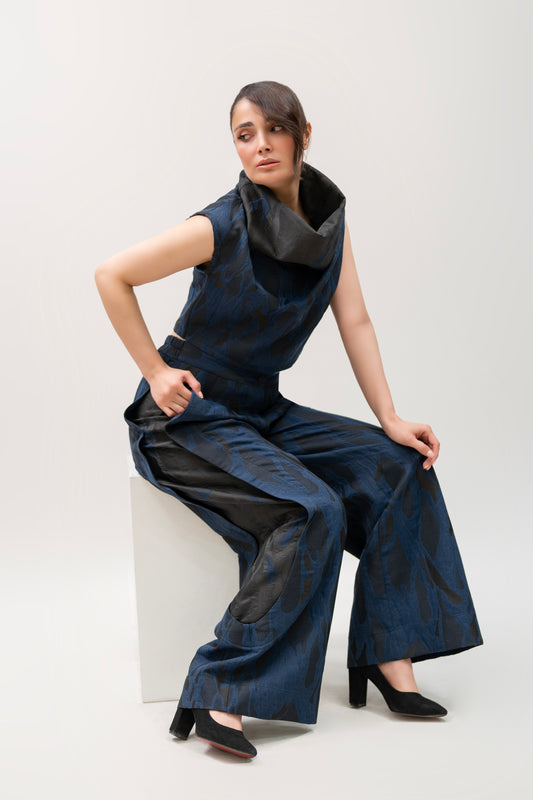 Navy Jacquard Cowl Top & Wide-Leg Pant Set