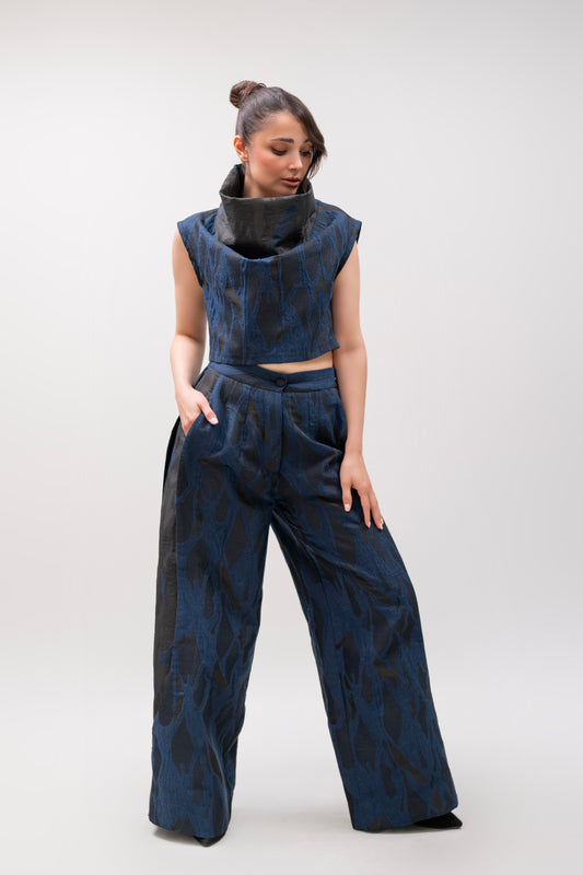 Navy Jacquard Cowl Top & Wide-Leg Pant Set