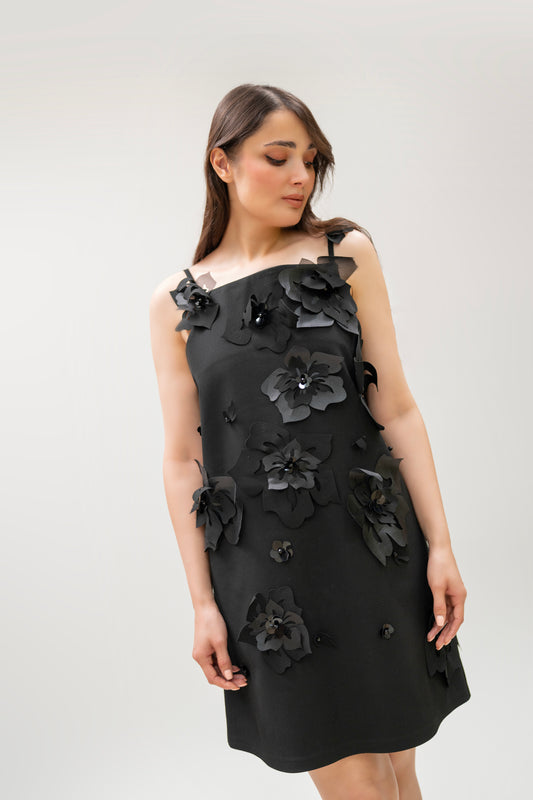 Black 3D Floral Appliqué Mini Dress