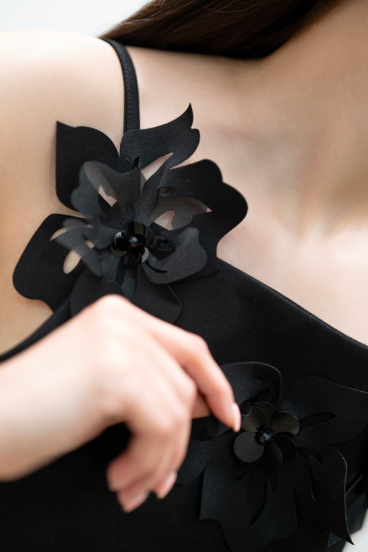Black 3D Floral Appliqué Mini Dress
