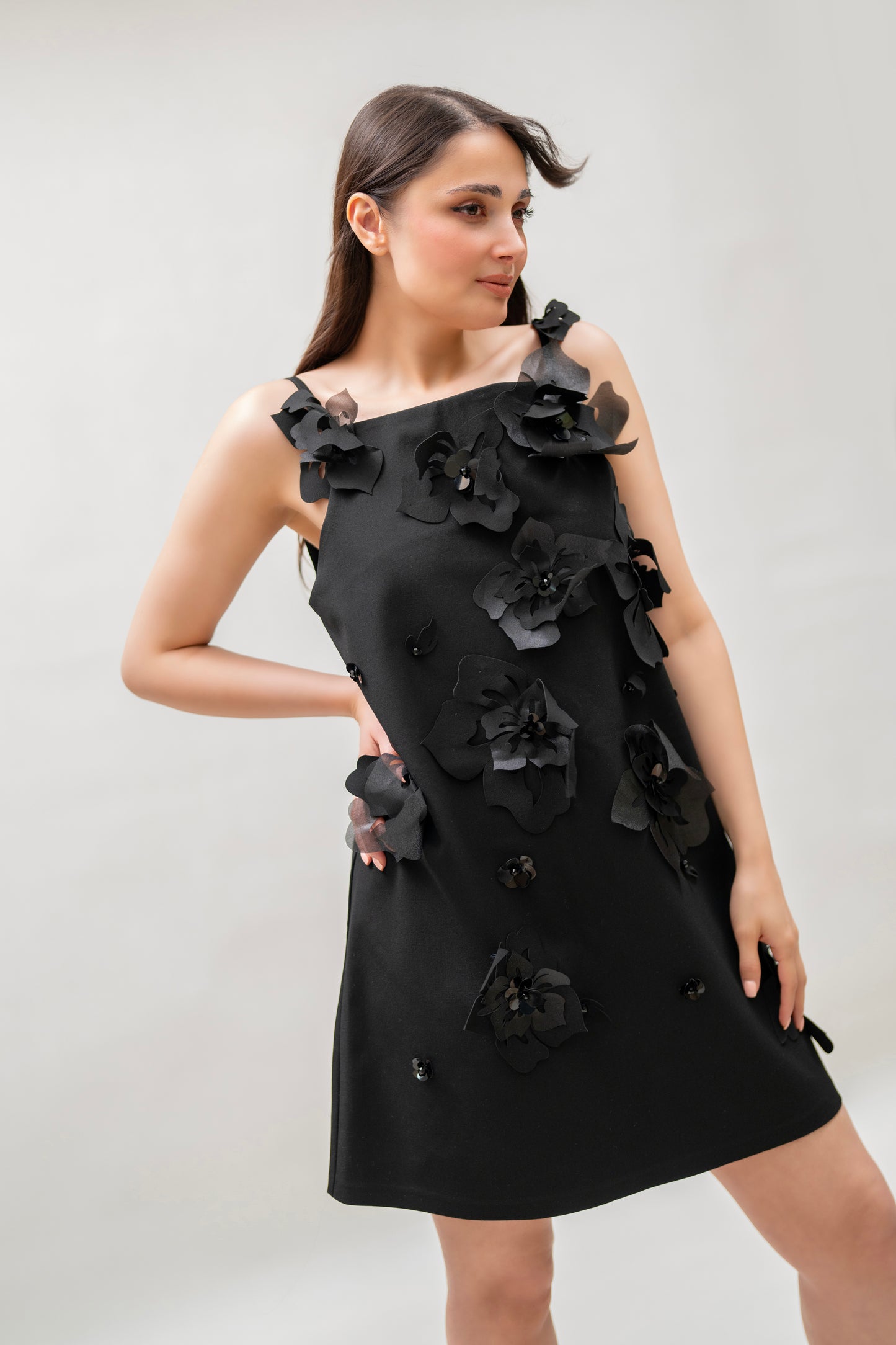 Black 3D Floral Appliqué Mini Dress