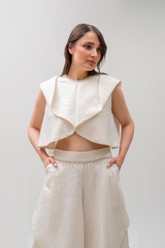 Ivory Sculpted Top & Wide-Leg Pant Set