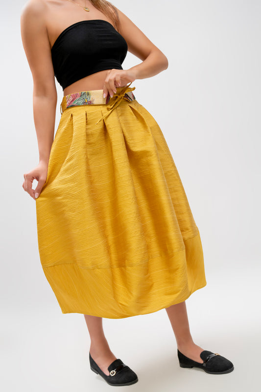 Mustard Pleated Midi Skirt with Embroidered Belt – Handmade