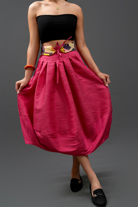 Pink Pleated Midi Skirt with Embroidered Belt – Handmade