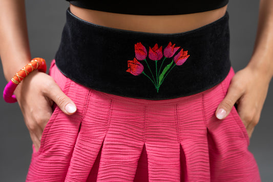 Black Velvet Embroidered Tulip Belt
