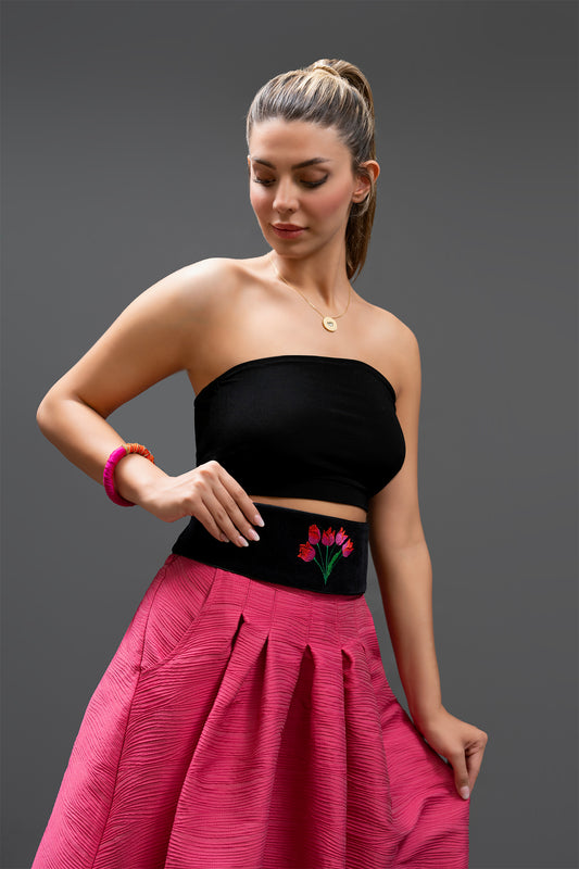 Black Velvet Embroidered Tulip Belt