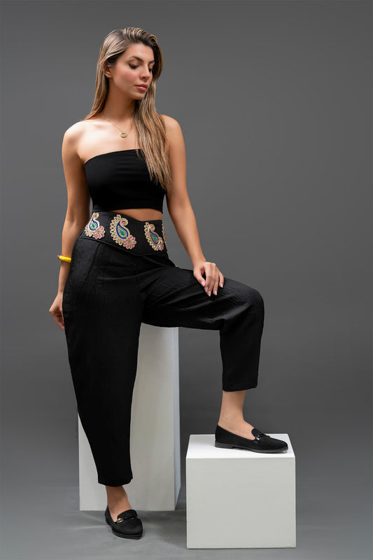 Handmade Black High-Waist Pants with Embroidered Belt