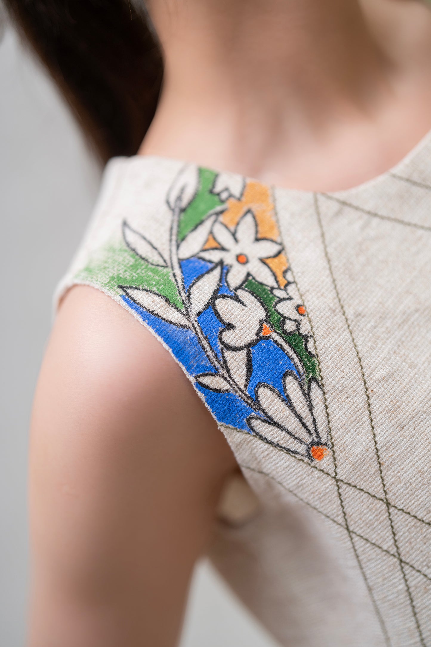 Beige Linen Crop Top with Hand-Painted Floral Detail