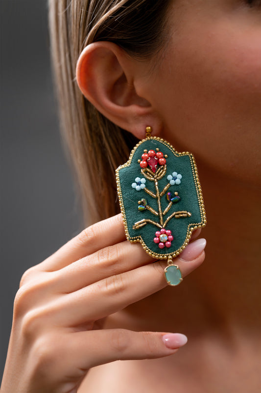 Handmade Green Beaded Floral Statement Earrings
